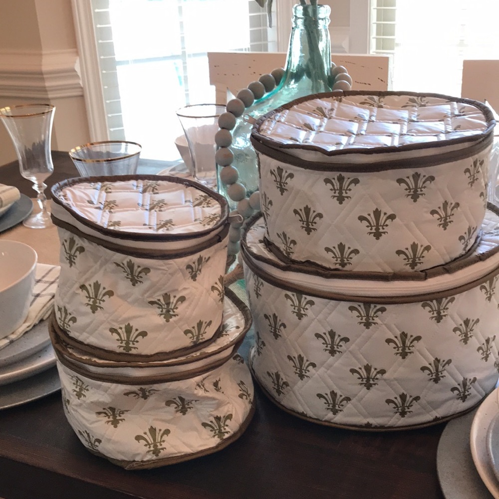 Vintage RARE Fleur De Lis Print Quilted Plastic Round Zipper Storage Set…